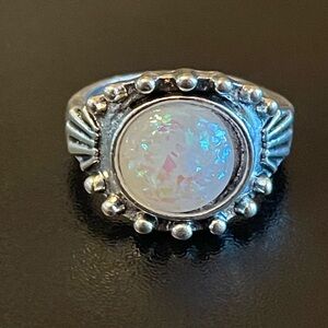 Round simulated opal silver plated ring size 6.5